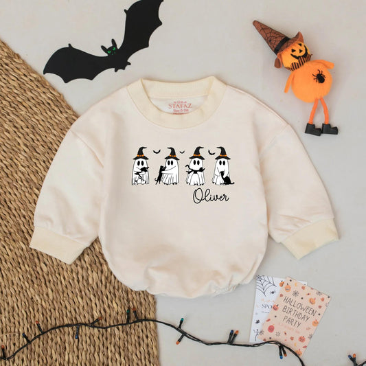 Ghost Crew Cats Baby Romper Custom Halloween Outfit Personalized Fall Name Gift Spooky Season Infant Wear