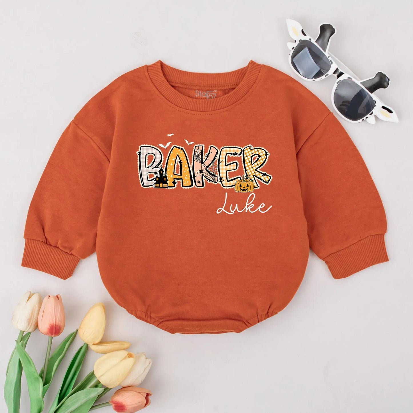 Retro Halloween Baby Bubble Romper Custom Name Spooky Fall Infant Clothes for Baby Boys Halloween Gift