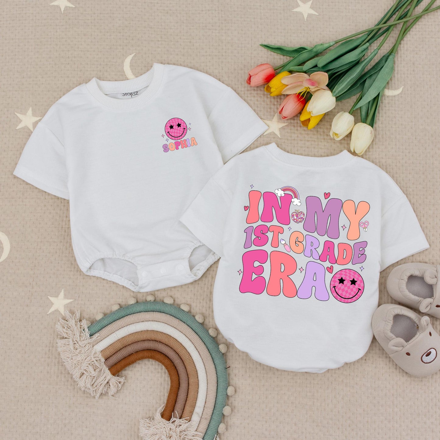 Sophia 1st Grade Era Baby Romper with Retro Rainbow & Disco Ball Design for Back to School & First Day of School