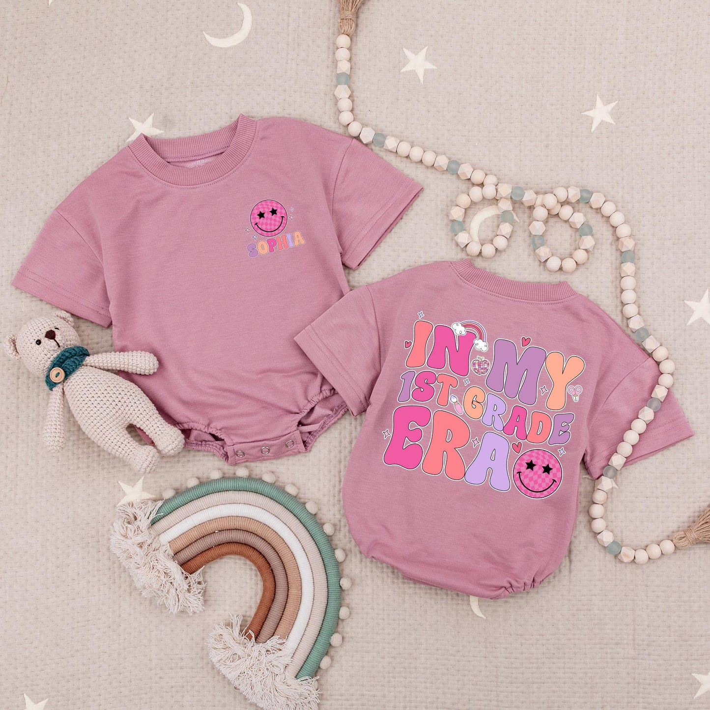 Sophia 1st Grade Era Baby Romper with Retro Rainbow & Disco Ball Design for Back to School & First Day of School
