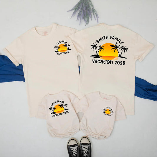 Custom Family Beach Trip Vacation 2025 Matching Shirt Tropical Sunset Summer Travel Outfit Personalized Gift