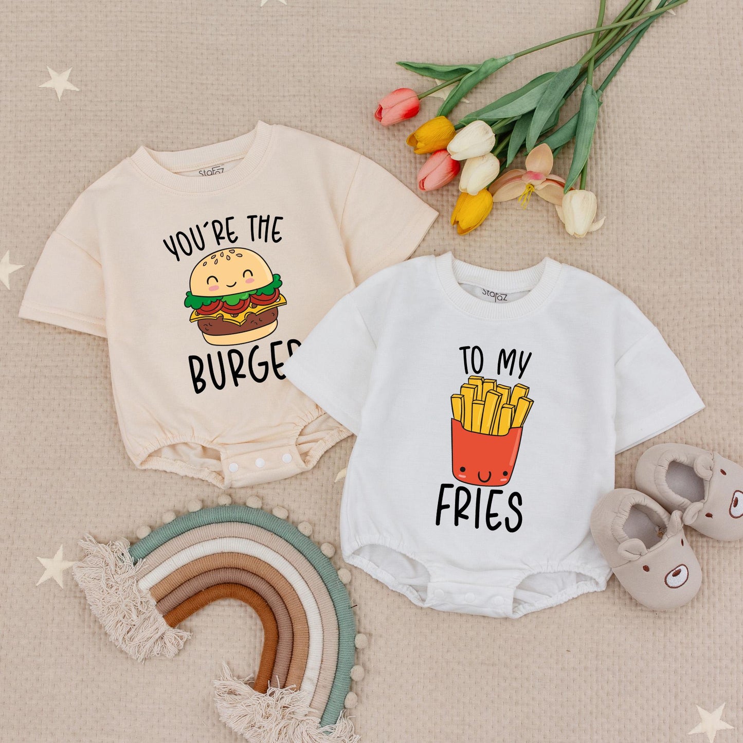 You're The Burger to My Fries Baby Bodysuits Cute Matching Twin Outfits Funny Burger and Fries Rompers Adorable Twin Baby Shower Gift