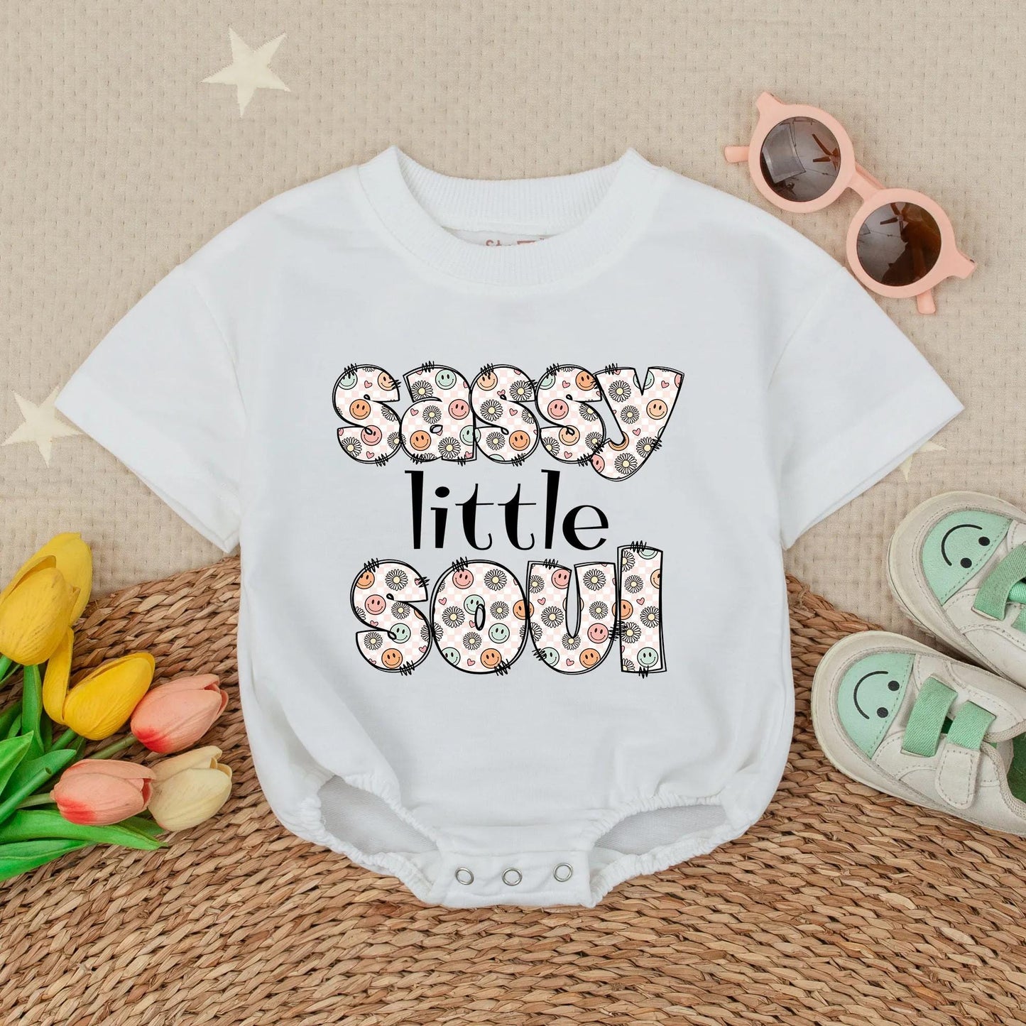 Sassy Little Soul Short Sleeve Bubble Romper Funny Toddler Girl Shirt Adorable Baby Shower Gift Retro Vibes Cute Kids Clothing