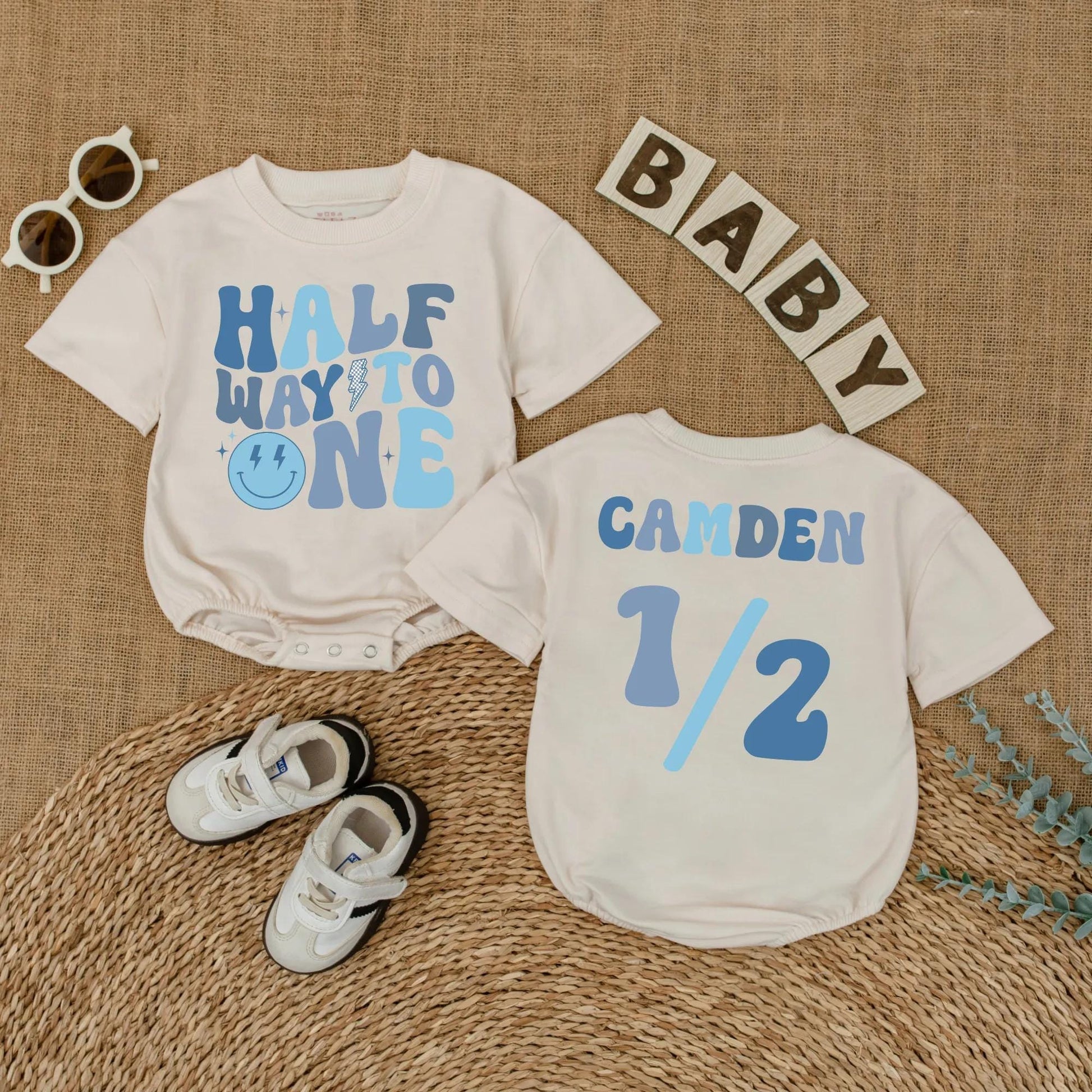 Baby Boy Half Birthday Romper Custom Name 6 Months Milestone Outfit Soft Cotton Smiley Dude