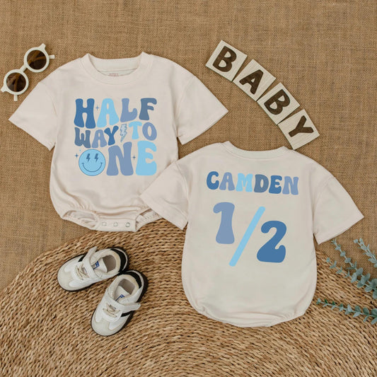 Baby Boy Half Birthday Romper Custom Name 6 Months Milestone Outfit Soft Cotton Smiley Dude