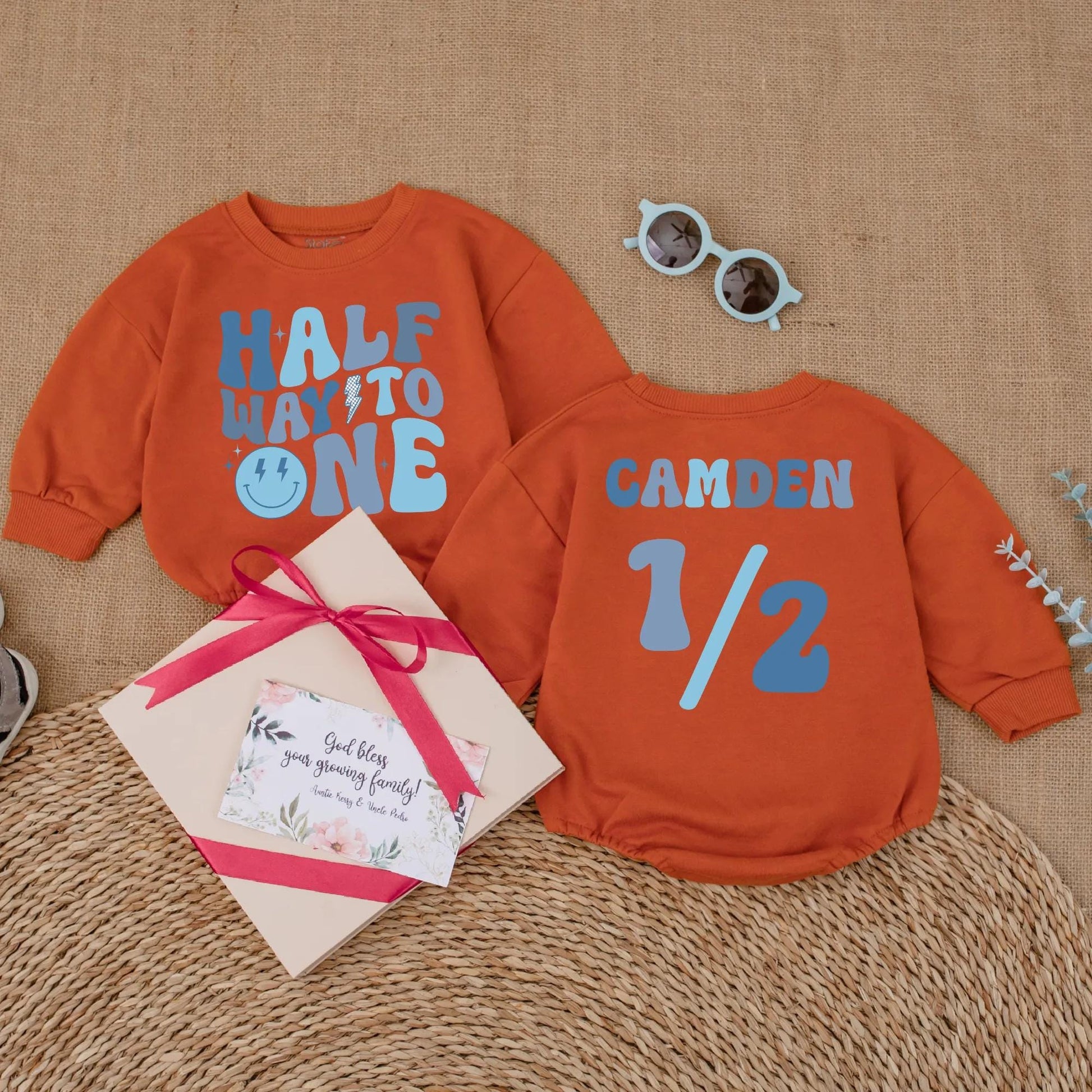 Baby Boy Half Birthday Romper Custom Name 6 Months Milestone Outfit Soft Cotton Smiley Dude