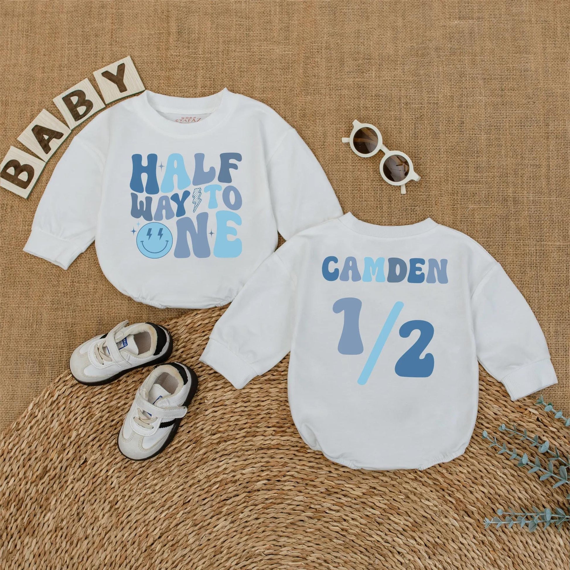 Baby Boy Half Birthday Romper Custom Name 6 Months Milestone Outfit Soft Cotton Smiley Dude