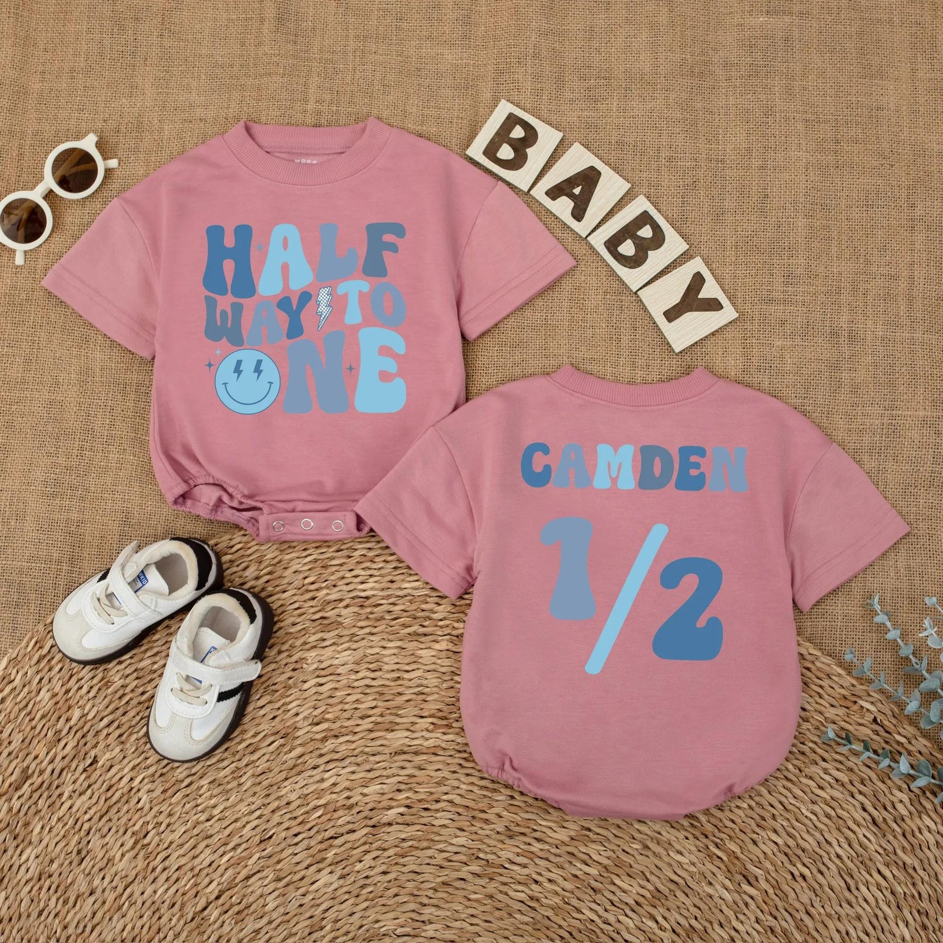 Baby Boy Half Birthday Romper Custom Name 6 Months Milestone Outfit Soft Cotton Smiley Dude