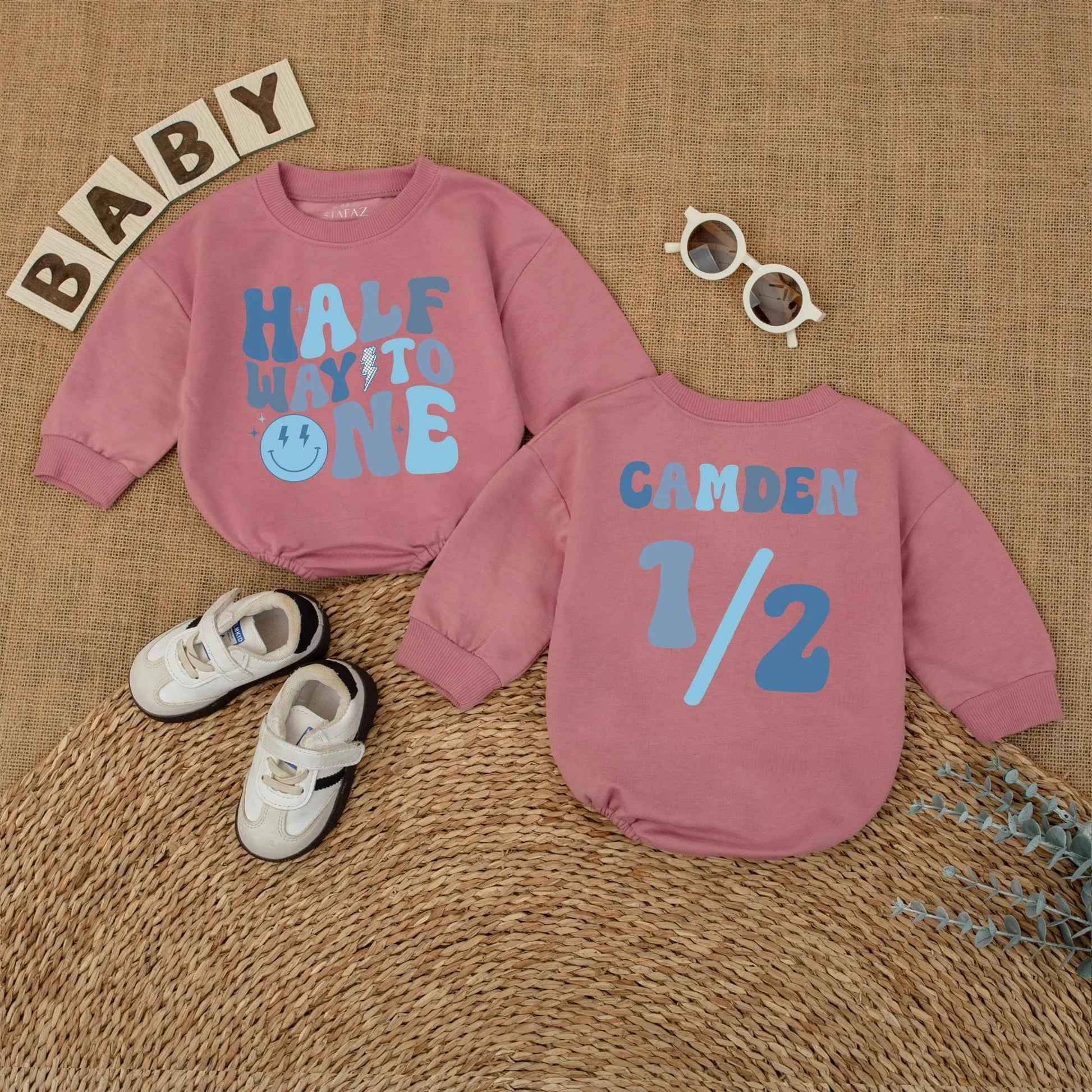 Baby Boy Half Birthday Romper Custom Name 6 Months Milestone Outfit Soft Cotton Smiley Dude