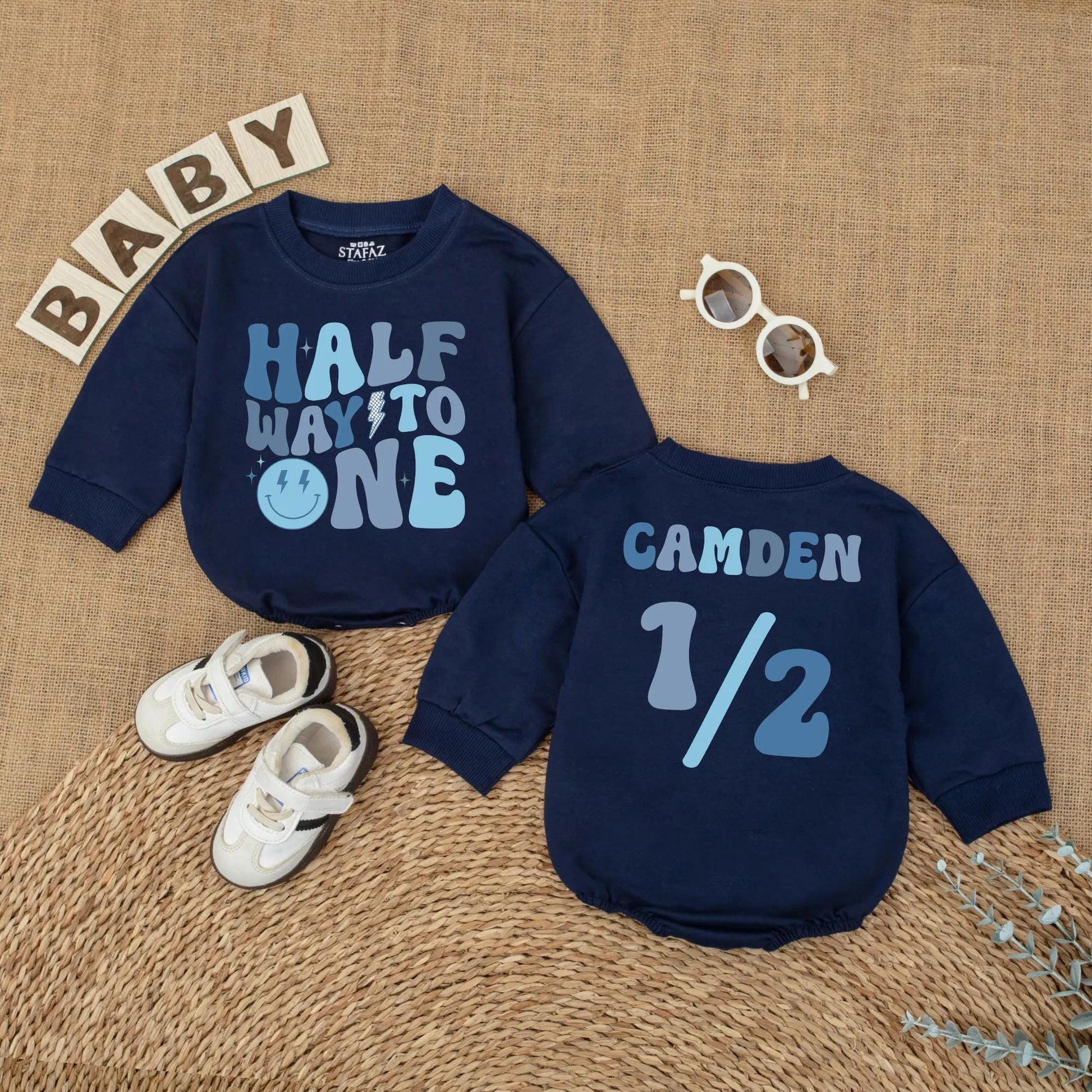 Baby Boy Half Birthday Romper Custom Name 6 Months Milestone Outfit Soft Cotton Smiley Dude