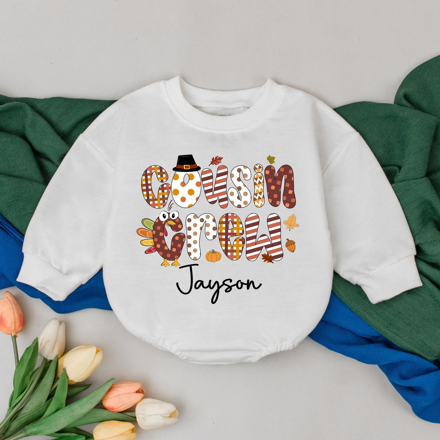 Personalized Cousin Crew Baby Romper with Adorable Thanksgiving Turkey Design, First Fall Celebration Outfit for Boys Girls, Cute Baby Shower Gift