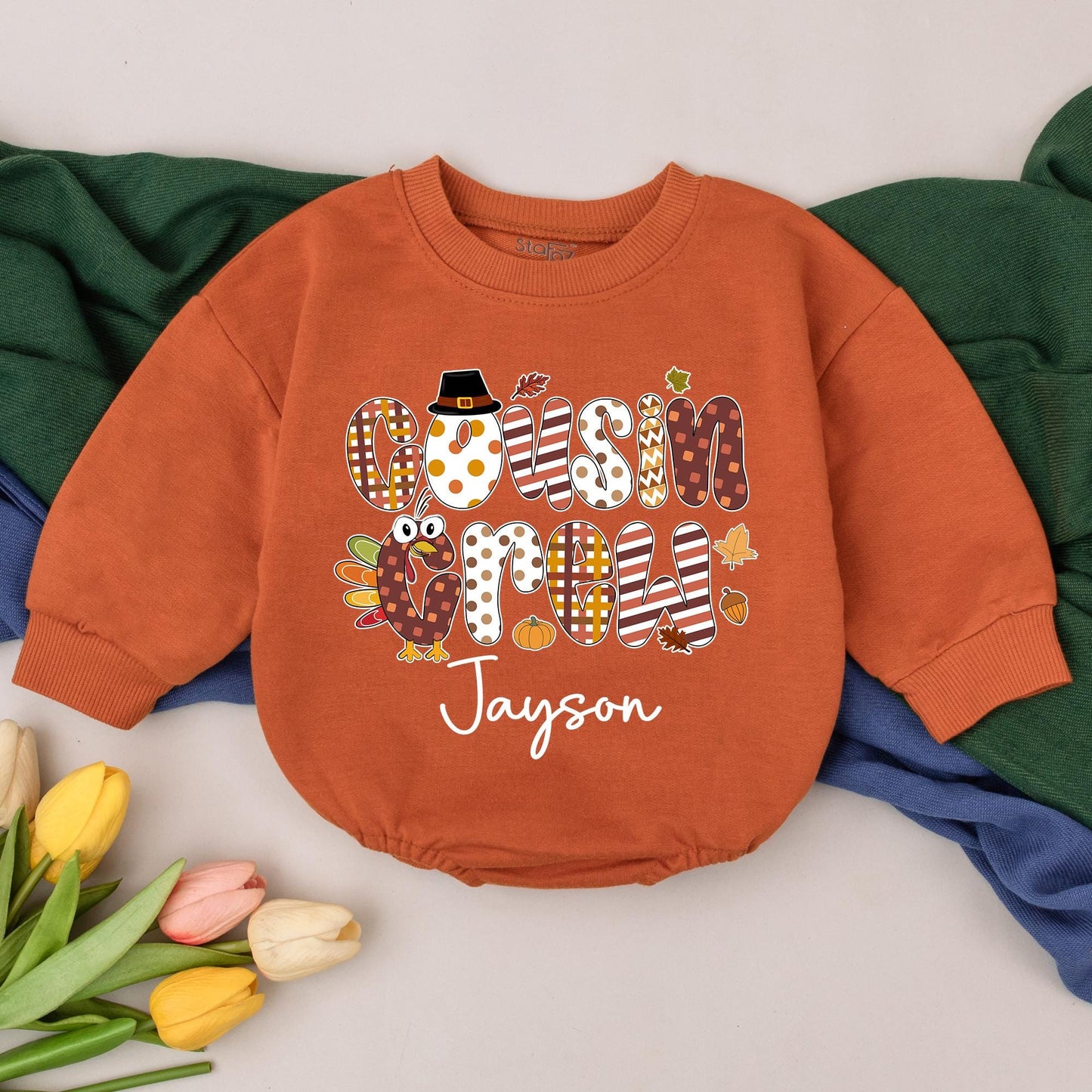 Personalized Cousin Crew Baby Romper with Adorable Thanksgiving Turkey Design, First Fall Celebration Outfit for Boys Girls, Cute Baby Shower Gift