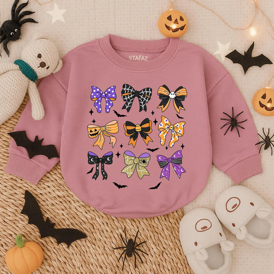 Retro Halloween Baby Girl Romper with Bow Toddler Pumpkin Outfit Spooky Season Costume Fall Bodysuit Spooky Baby Clothes