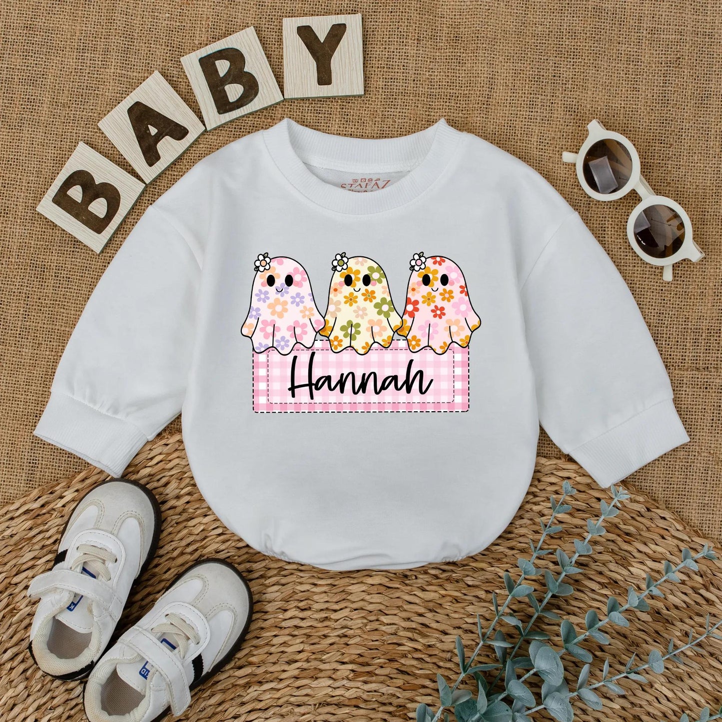 Personalized Baby Girl Halloween Ghost Romper Custom Name Cute Floral Boo Outfit Fall Bodysuit First Halloween Baby Gift