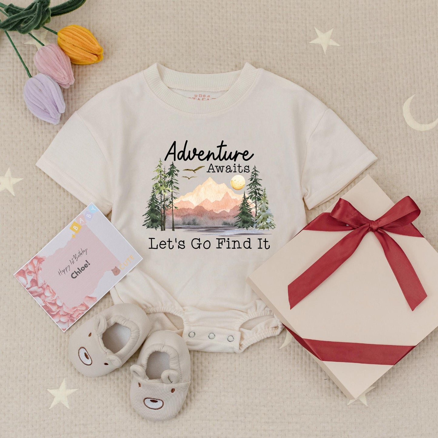 Adventure Awaits Baby Romper - Let's Go Find It! Cute Outdoor Nature Bodysuit for Little Explorers, Hiking & Travel, Whimsical Newborn Outfit 139 chars