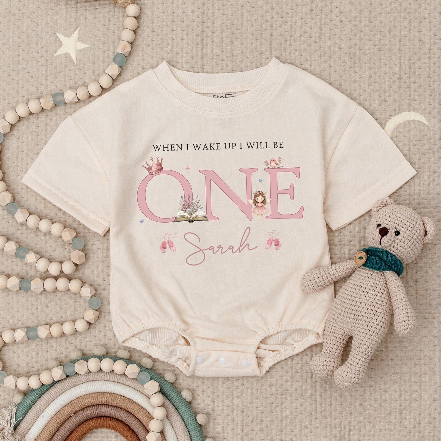When I Wake Up I Will Be One Cute Pink Fairy Crown Romper Personalized Sarah First Birthday Outfit Baby Girl Gift