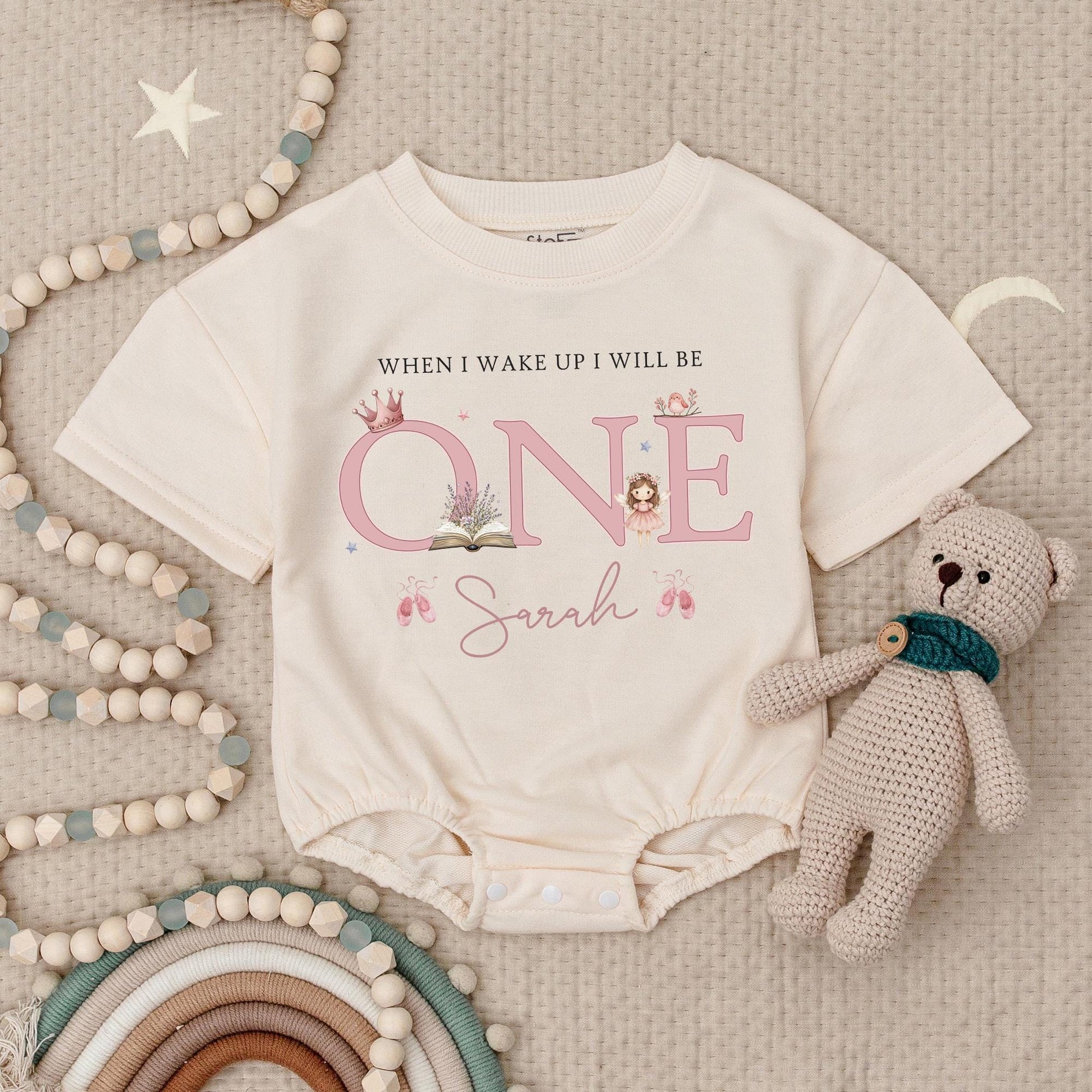 When I Wake Up I Will Be One Cute Pink Fairy Crown Romper Personalized Sarah First Birthday Outfit Baby Girl Gift