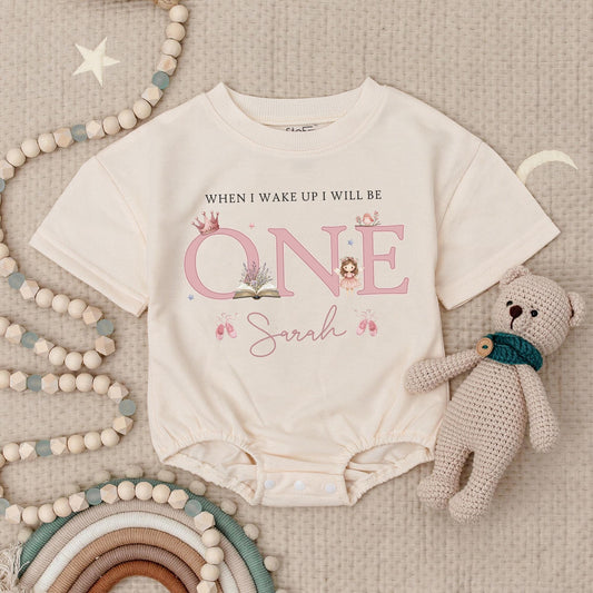 When I Wake Up I Will Be One Cute Pink Fairy Crown Romper Personalized Sarah First Birthday Outfit Baby Girl Gift