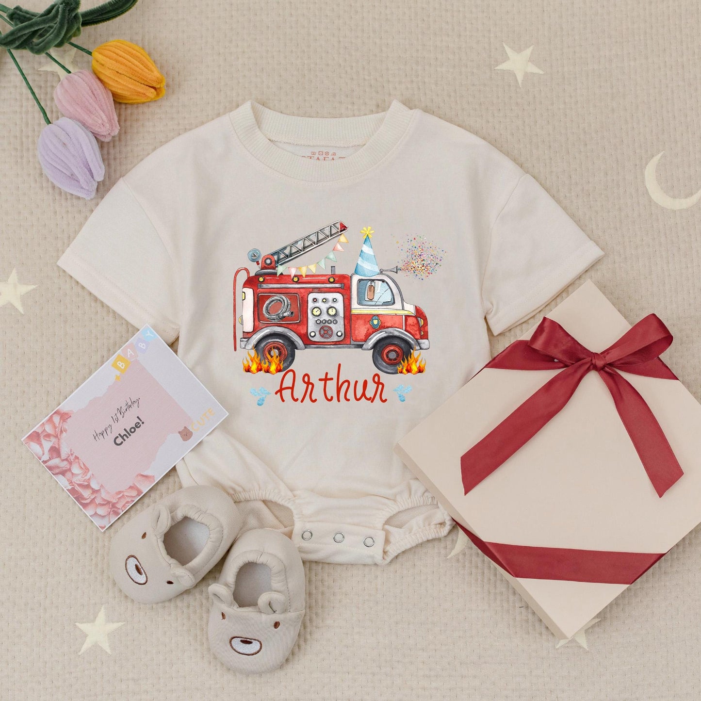 Arthur's Fire Truck Birthday Romper: Personalized First Birthday Outfit, Fun Fire Engine Party Babysuit, Cute Flames Design for Little Boys, Custom Name