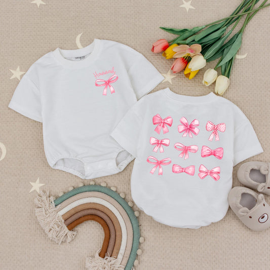 Hannah's Bow Romper: Baby Girl Clothes with Cute Pink Ribbon & Watercolor Bows, Newborn Outfit, Whimsical Bows Bodysuit, Soft Cotton First Baby Romper