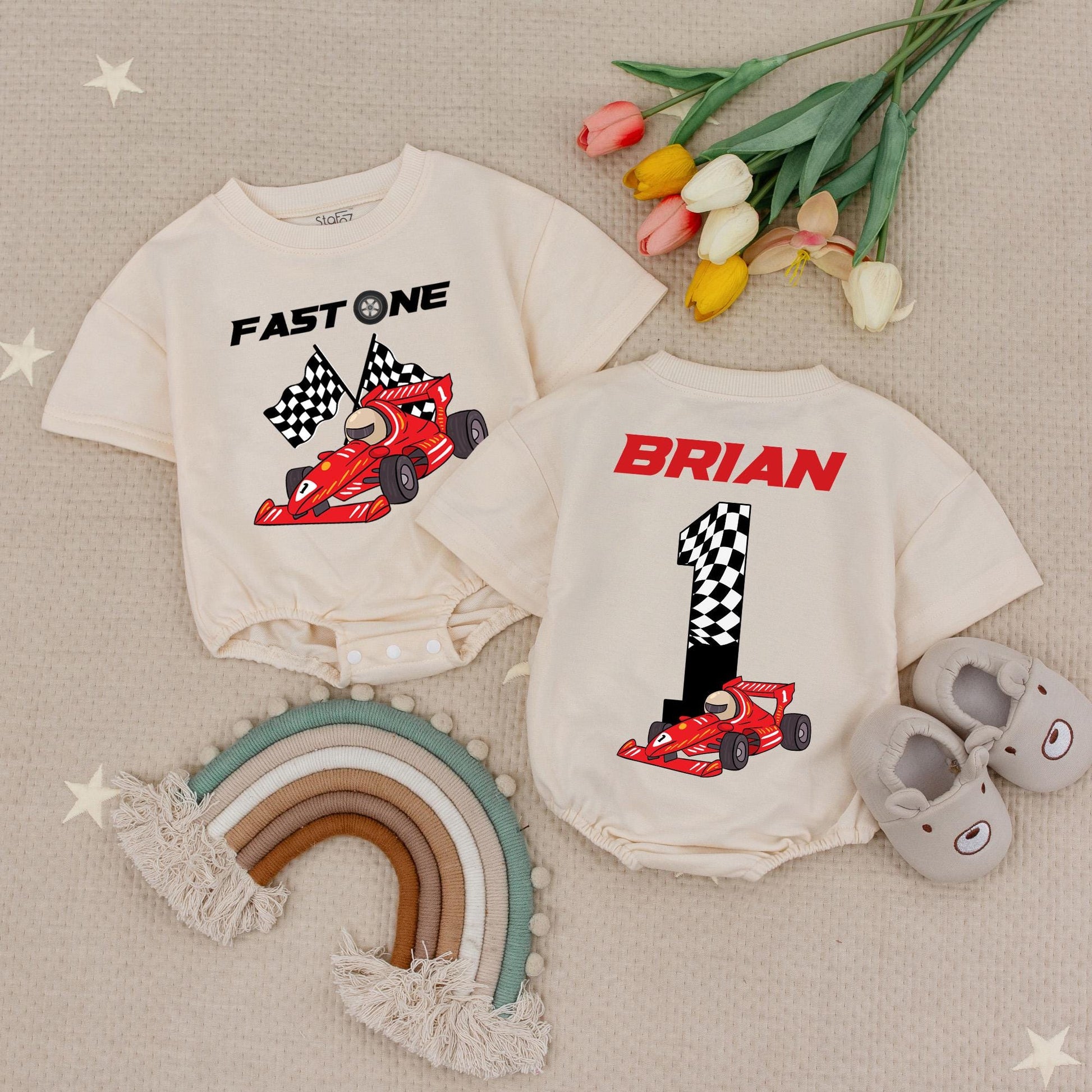 Fast One 1st Birthday Race Car Baby Romper with Checkered Flag Design, Number One Brian Racing Theme Outfit for Boys Infant Celebration