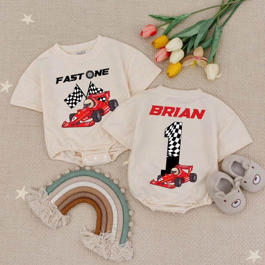 Fast One 1st Birthday Race Car Baby Romper with Checkered Flag Design, Number One Brian Racing Theme Outfit for Boys Infant Celebration