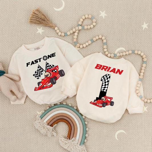 Fast One Race Car 1st Birthday Romper, Vroom Vroom! Checkered Flag First Birthday Bodysuit Outfit, Red Black & White Race Car Birthday Party