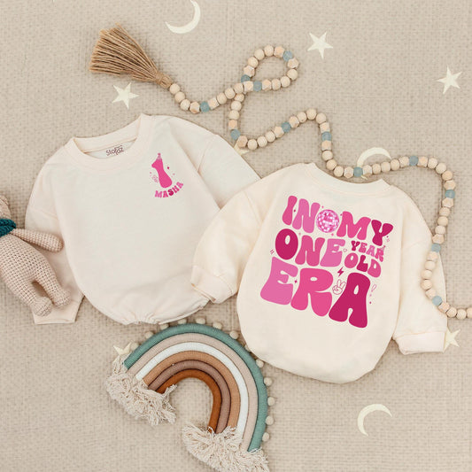 In My One Year Old Era Romper Custom Name Birthday Girl Outfit Fun Disco Ball Design 1st Birthday Party Clothes Gift Personalized Baby Girl Clothes