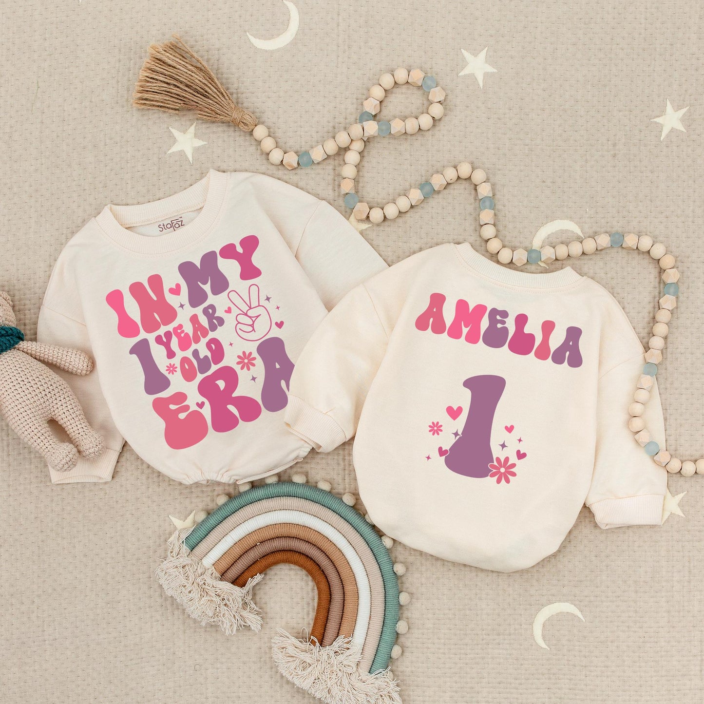 In My 1st Birthday Era Romper Pink Purple Star Girl Outfit One Year Old Party Bodysuit Cute First Birthday Gift, Bubble Romper, 1 Year Celebration (140)