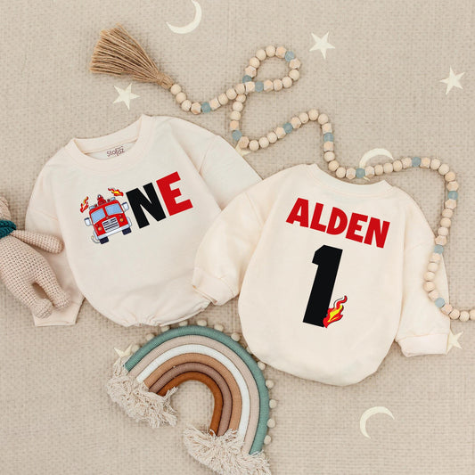 Firetruck Fireman 1st Birthday Baby Romper, Boy's Fire Truck Outfit, Alden's One Firefighter Bodysuit, Red Black Celebration Clothes