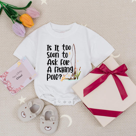 Is It Too Soon? Fishing Pole Baby Romper - Future Angler in Training! Cute Fishing Bodysuit for Dad's Fishing Buddy, Muted Colors & Soft Cotton 138