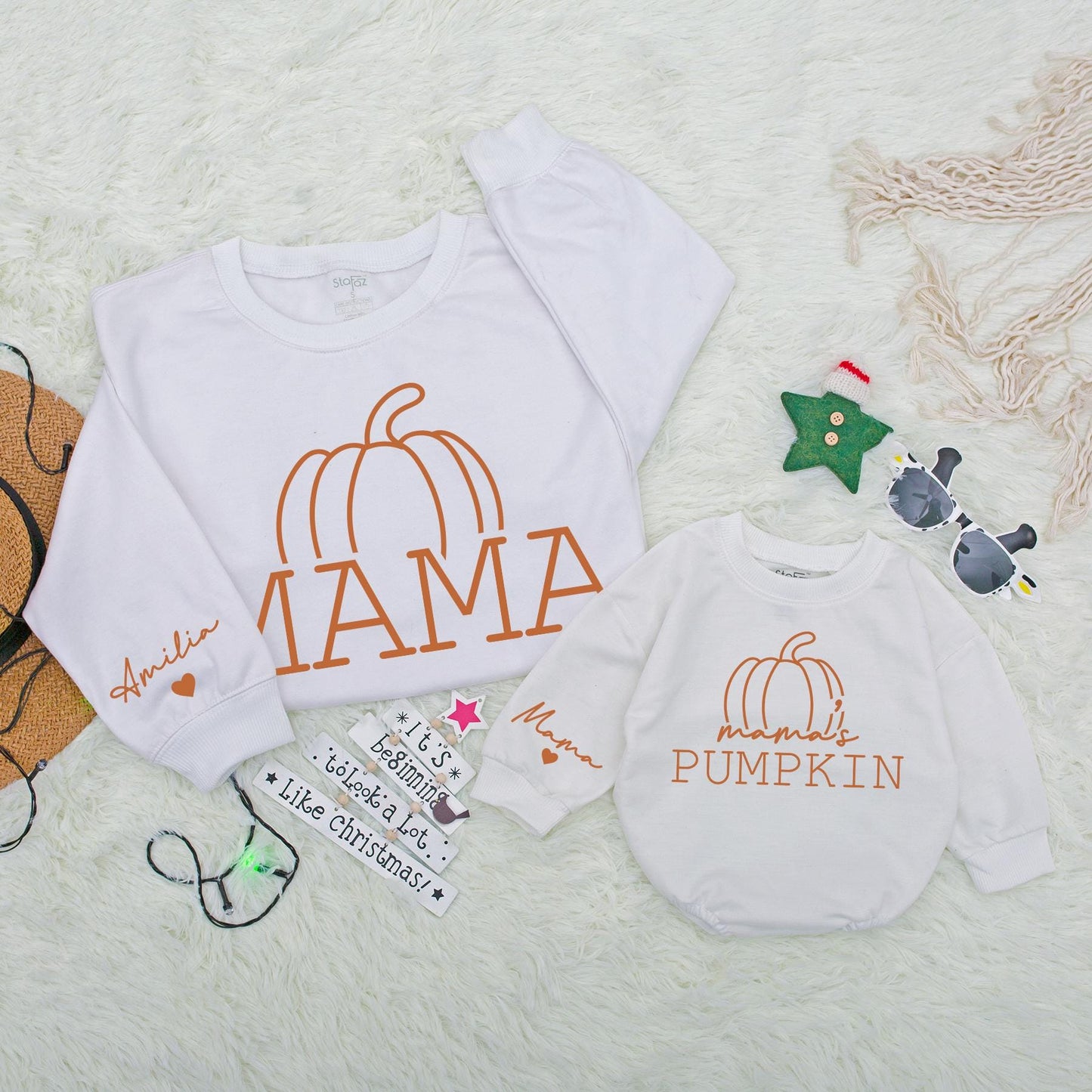 Matching Mama and Mama's Pumpkin Sweatshirt Baby Girl Romper Mom Baby Happy Fall Autumn Thanksgiving Outfit First Halloween Party