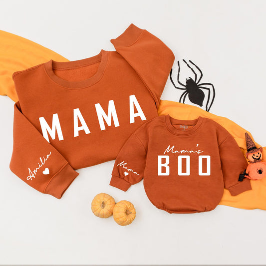 Mama and Mama's Boo Matching Fall Sweatshirt & Baby Girl Pumpkin Romper Cozy Family Autumn Outfits Baby Shower Gift