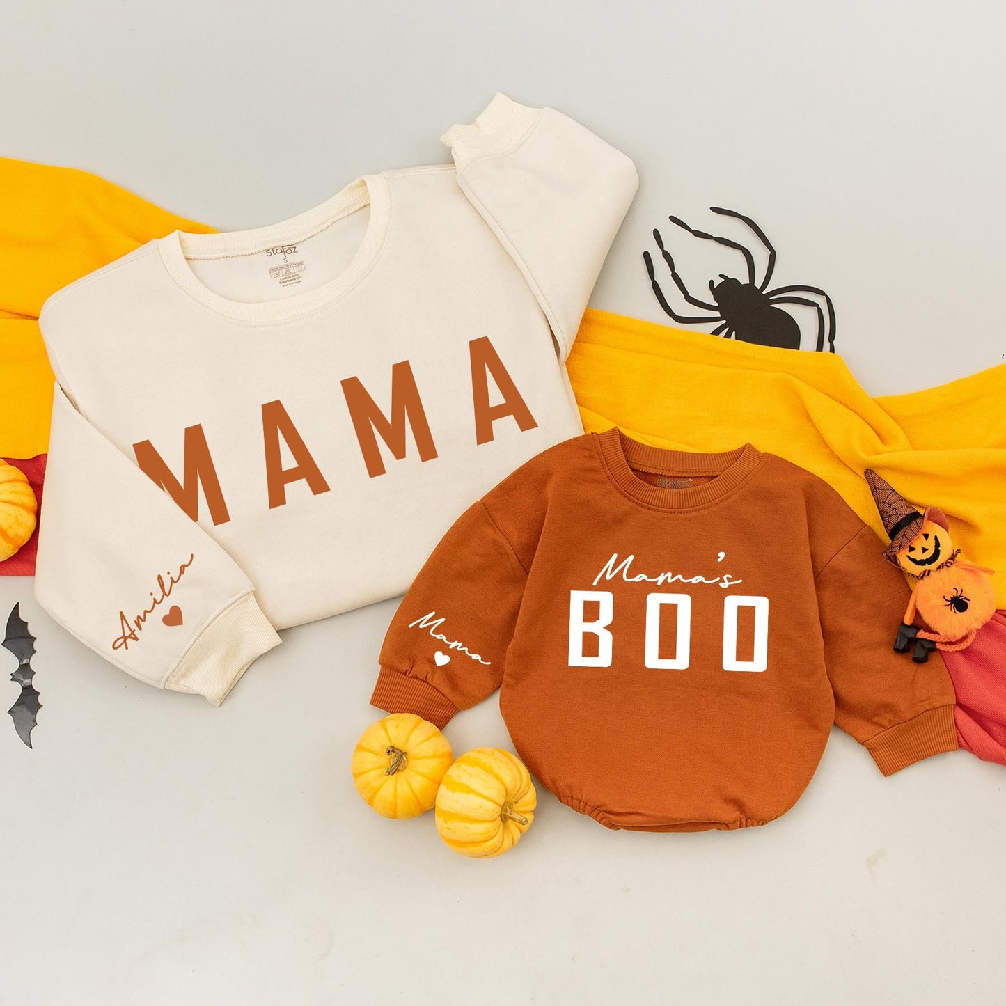 Mama and Mama's Boo Matching Fall Sweatshirt & Baby Girl Pumpkin Romper Cozy Family Autumn Outfits Baby Shower Gift