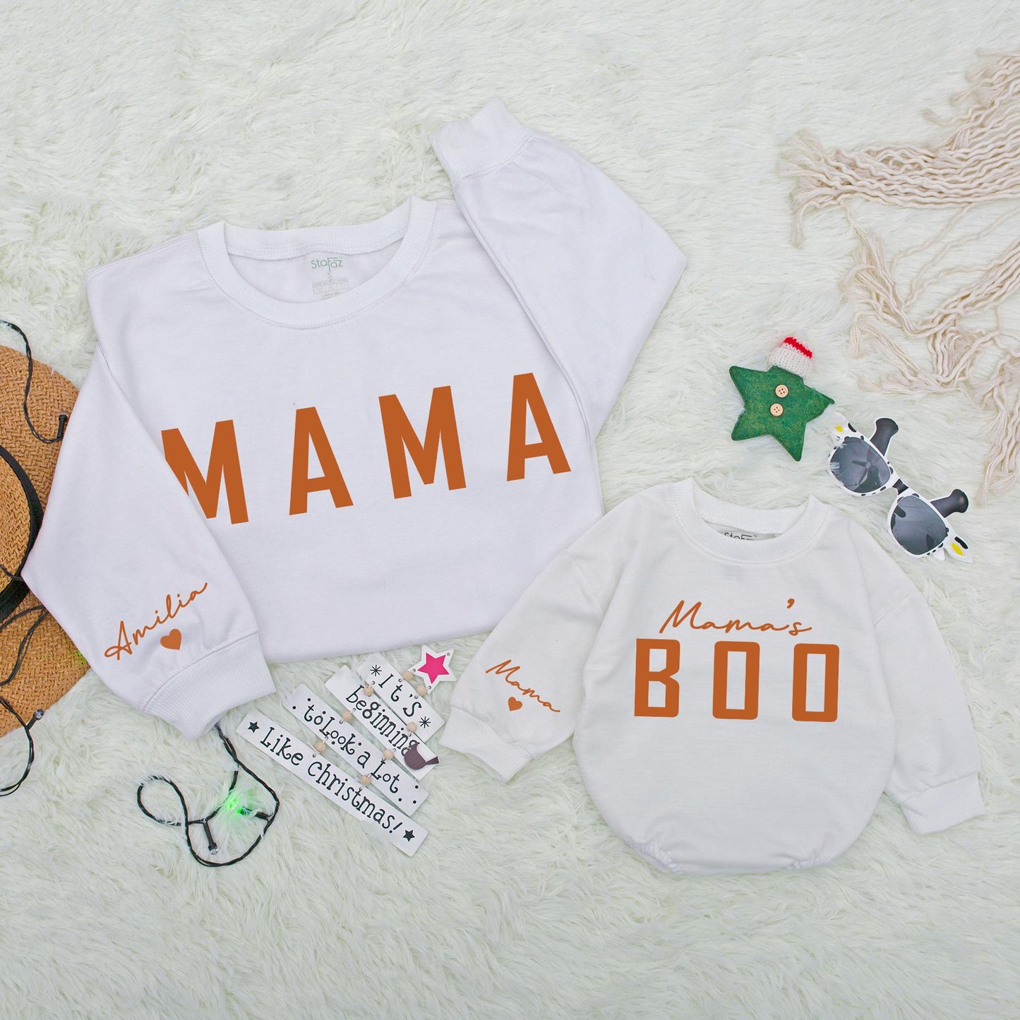 Mama and Mama's Boo Matching Fall Sweatshirt & Baby Girl Pumpkin Romper Cozy Family Autumn Outfits Baby Shower Gift