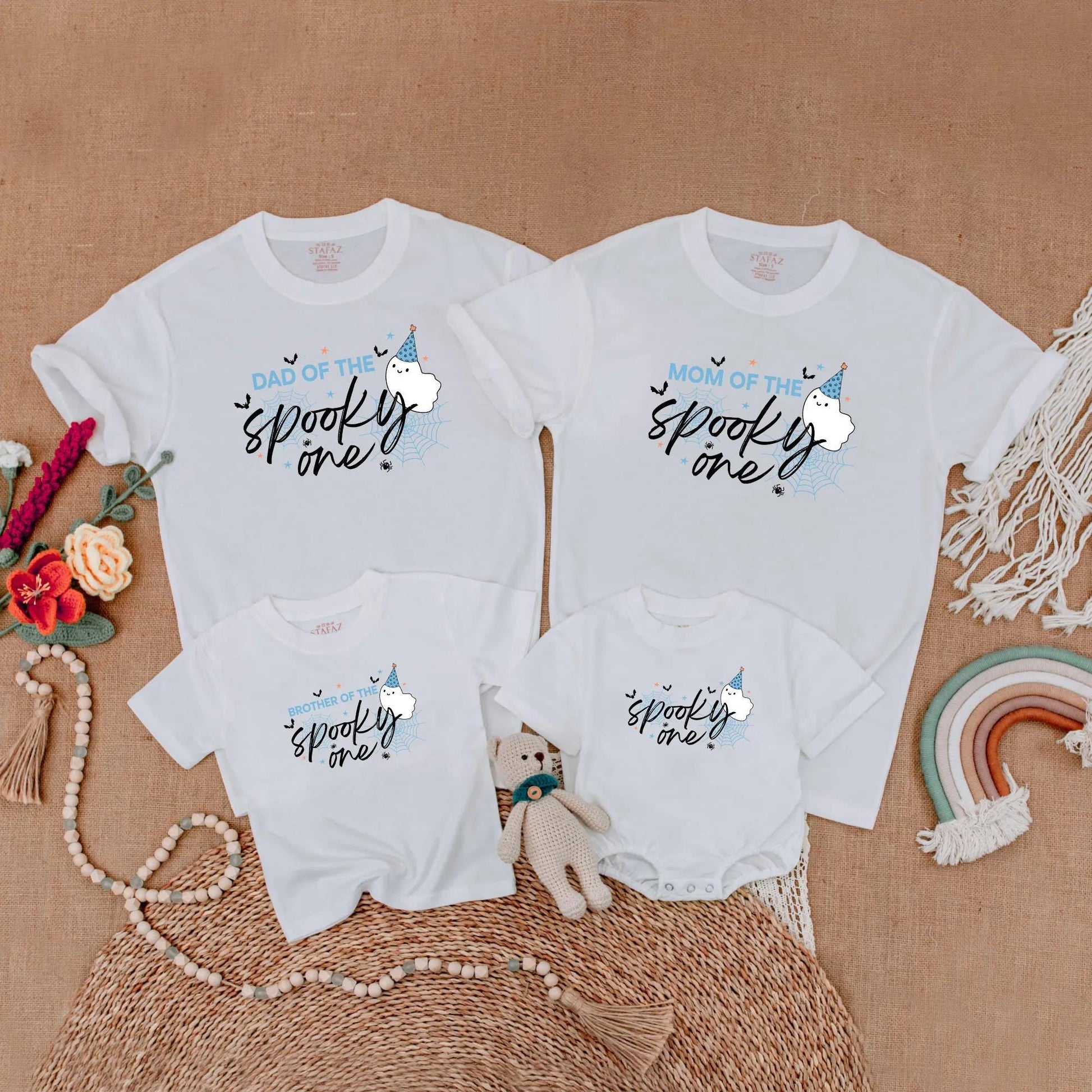 Blue Spooky One Birthday Boy Matching Family Shirts Ghost Halloween 1st Birthday Outfits Baby Toddler Mom Dad