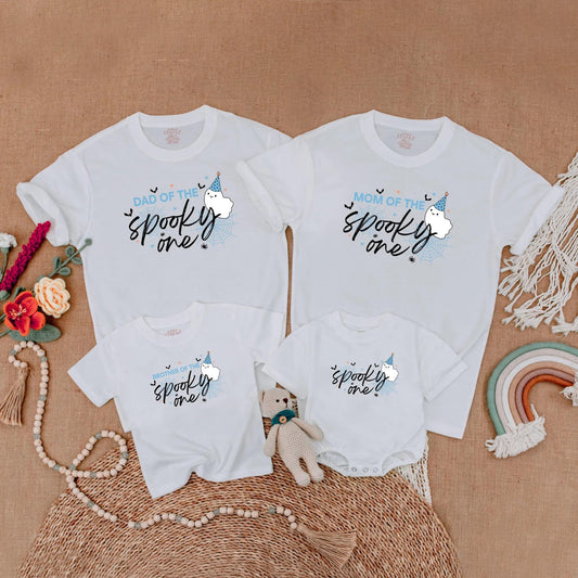 Blue Spooky One Birthday Boy Matching Family Shirts Ghost Halloween 1st Birthday Outfits Baby Toddler Mom Dad