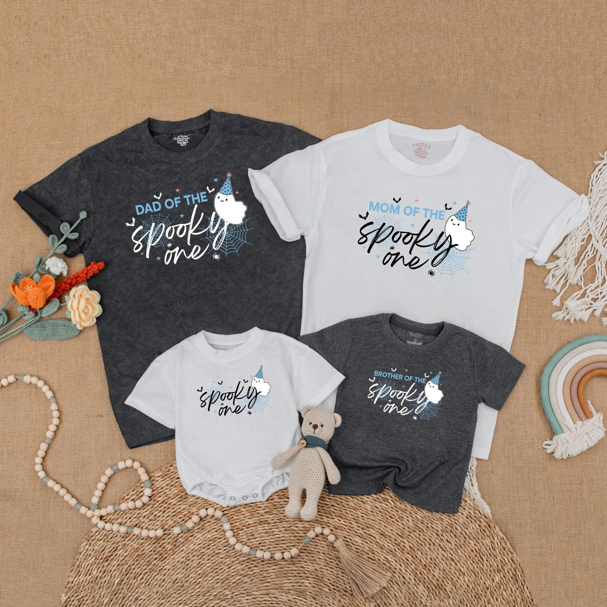 Blue Spooky One Birthday Boy Matching Family Shirts Ghost Halloween 1st Birthday Outfits Baby Toddler Mom Dad