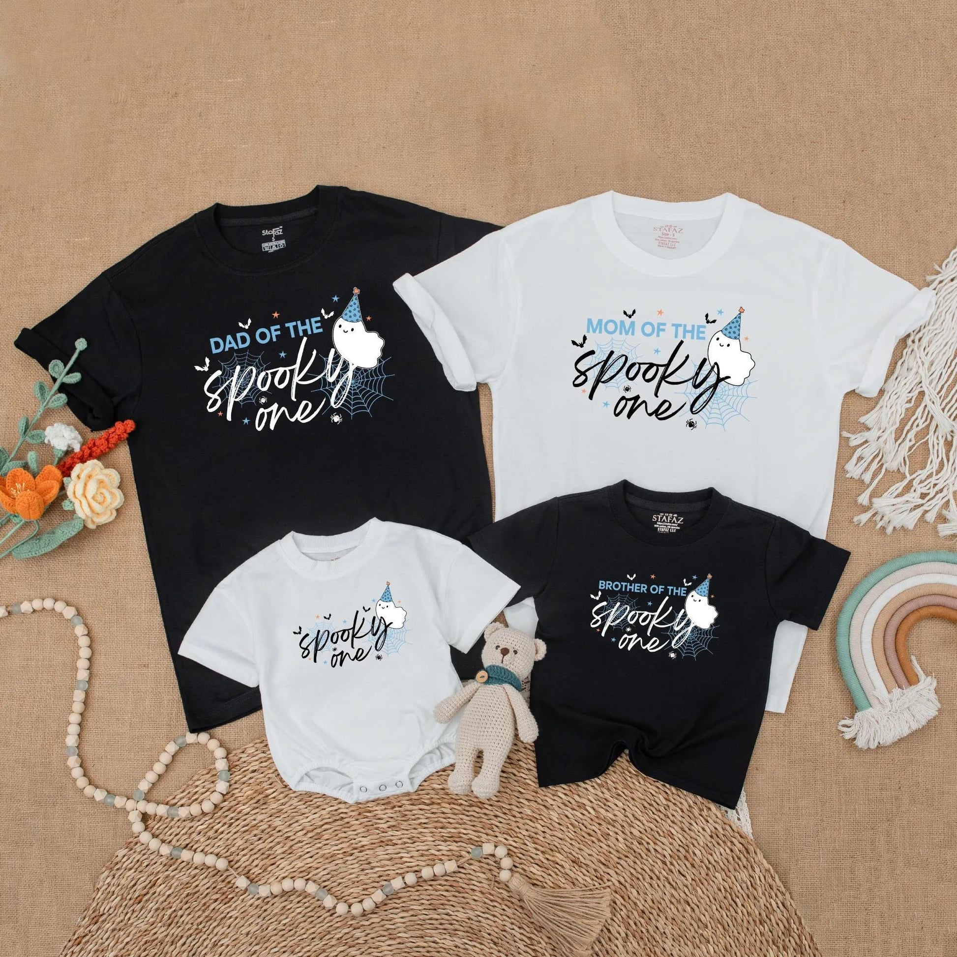 Blue Spooky One Birthday Boy Matching Family Shirts Ghost Halloween 1st Birthday Outfits Baby Toddler Mom Dad