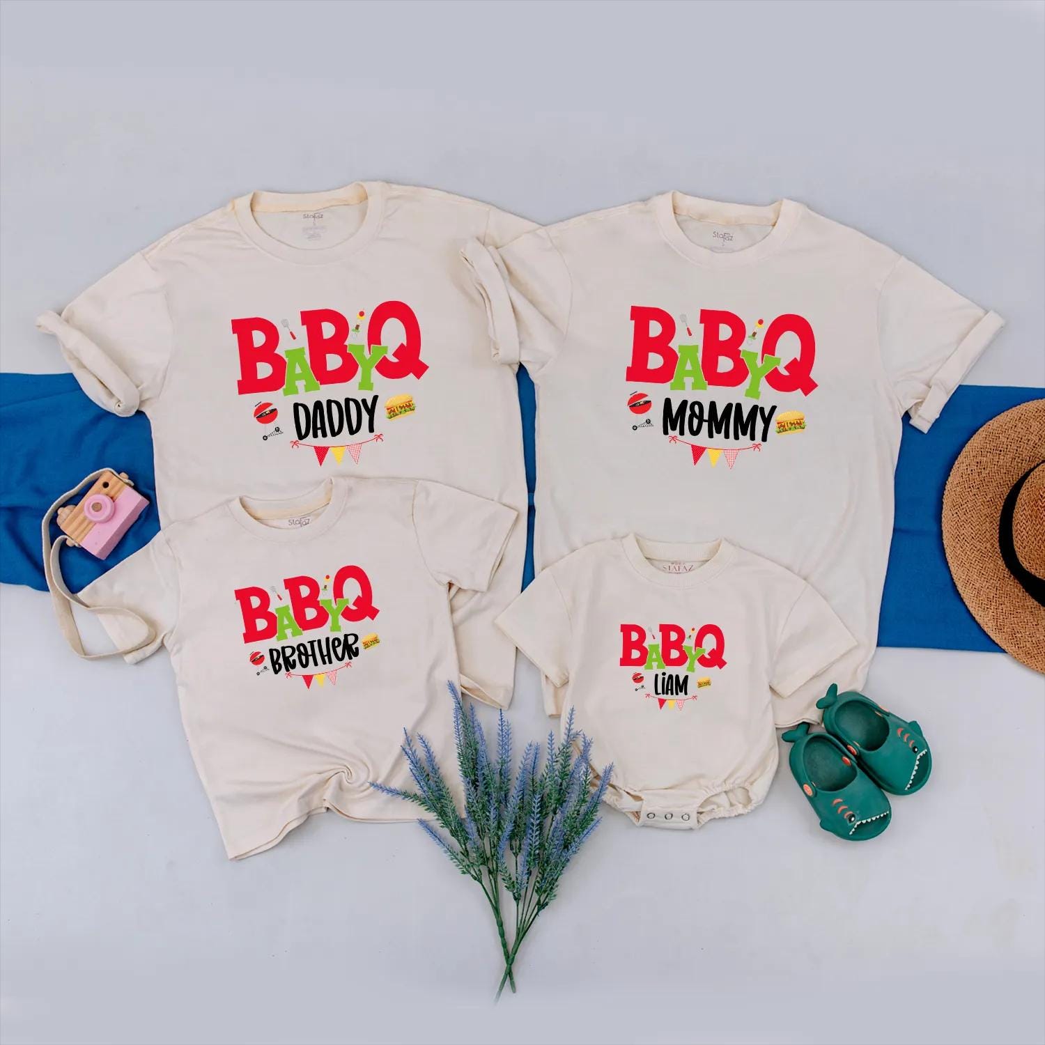 BABYQ Matching Family BBQ Party Shirts: Custom Liam's Grilling Crew Outfits - Personalized Cookout Clothes, Fun Baby Shower Gift Idea, Red & Green