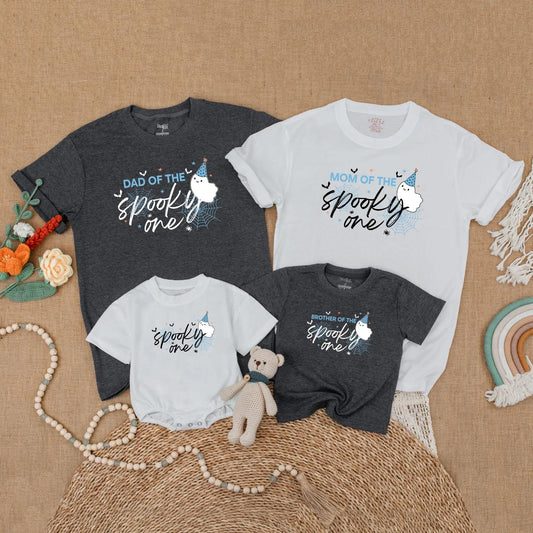 Blue Spooky One Birthday Boy Matching Family Shirts Ghost Halloween 1st Birthday Outfits Baby Toddler Mom Dad
