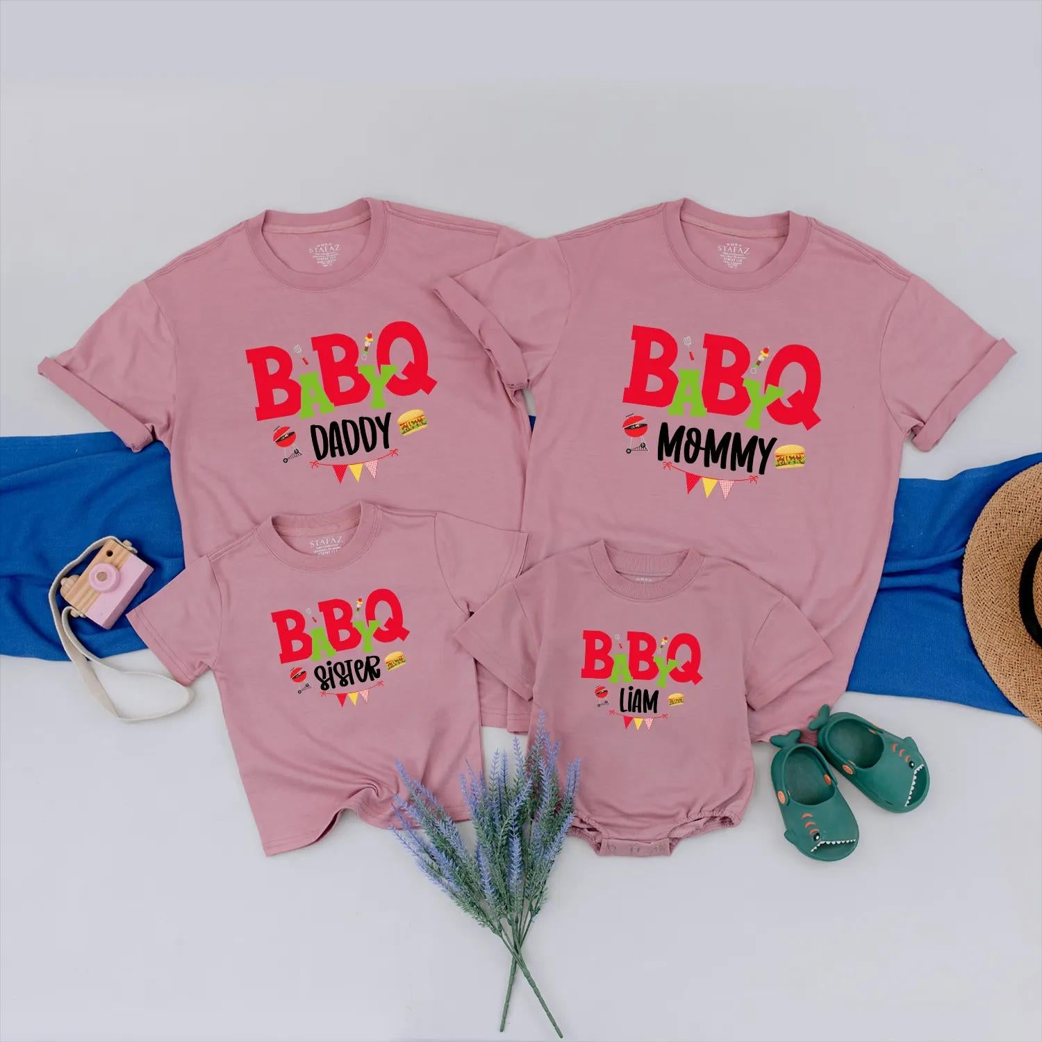 BABYQ Matching Family BBQ Party Shirts: Custom Liam's Grilling Crew Outfits - Personalized Cookout Clothes, Fun Baby Shower Gift Idea, Red & Green