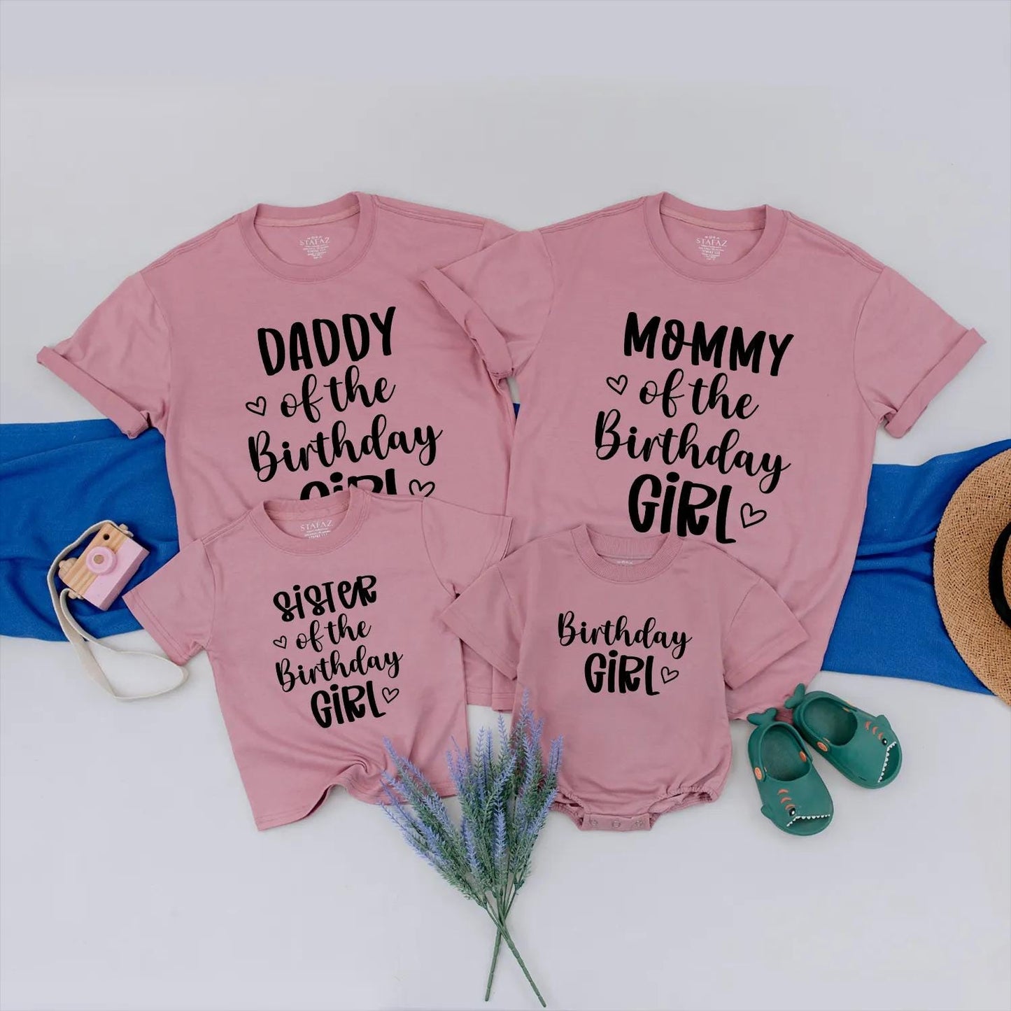 Birthday Girl Family Matching Shirt Daddy Mommy Sister & Birthday Girl Cute Heart Design Black Text Casual Outfit