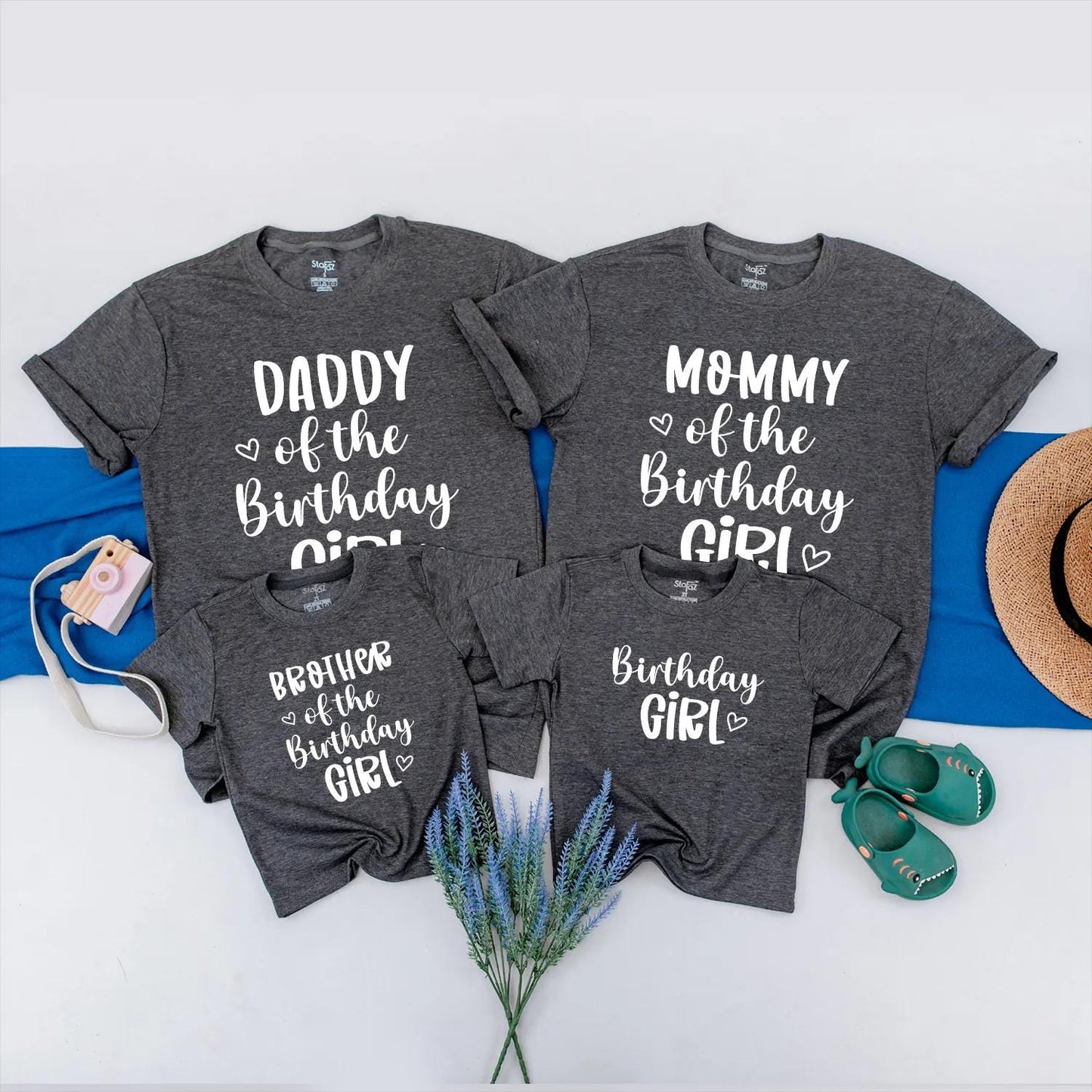 Birthday Girl Family Matching Shirt Daddy Mommy Sister & Birthday Girl Cute Heart Design Black Text Casual Outfit