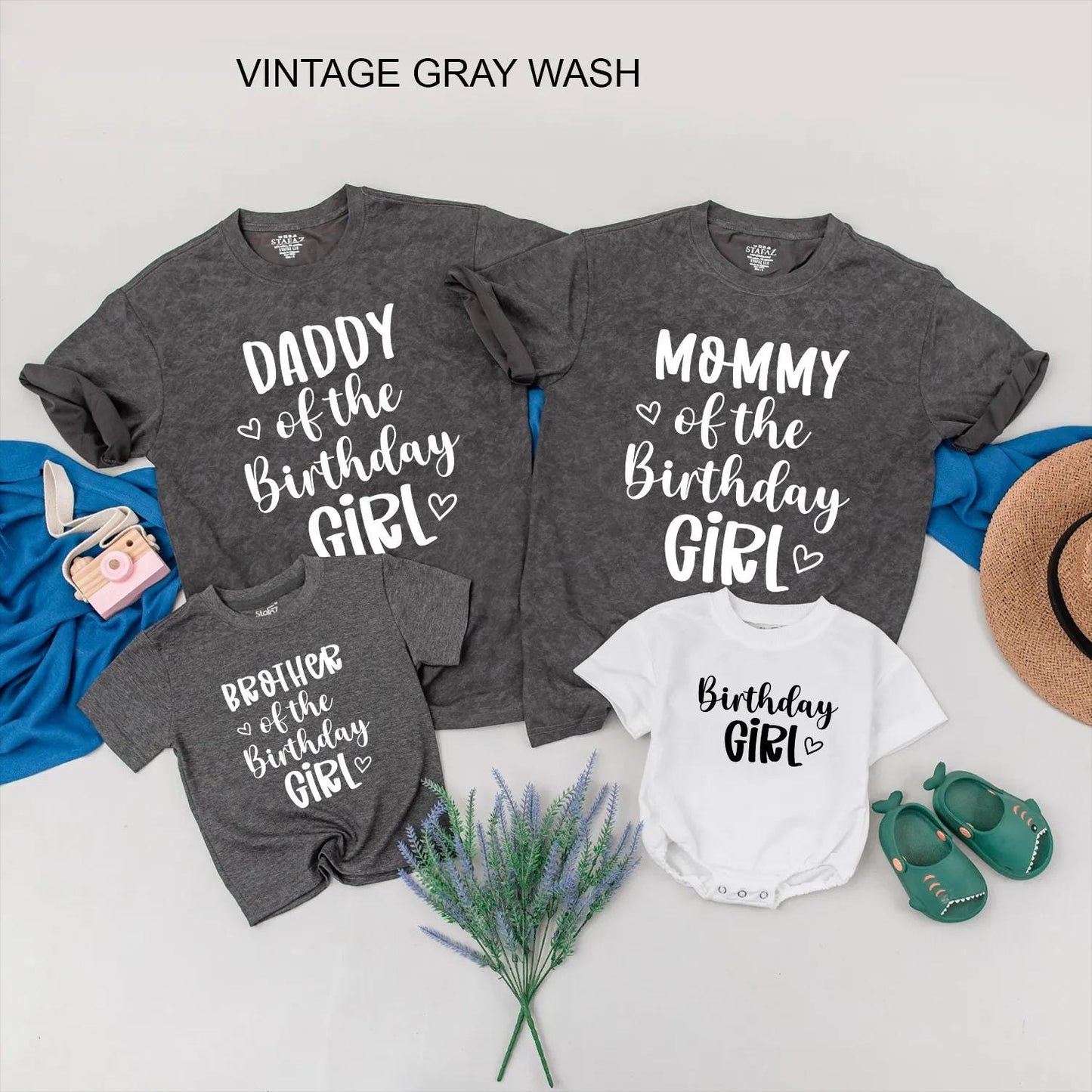 Birthday Girl Family Matching Shirt Daddy Mommy Sister & Birthday Girl Cute Heart Design Black Text Casual Outfit