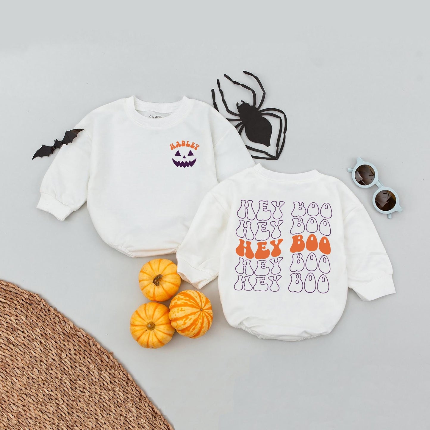 Personalized Hadley Hey Boo Halloween Baby Romper Cute Orange Purple Pumpkin Fall Toddler Shirt First Holiday Outfit