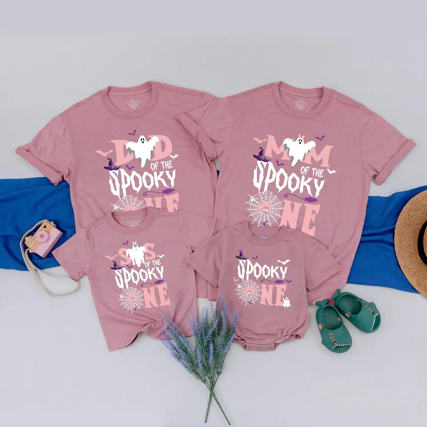 Spooky One Halloween Birthday Matching Family Shirts Ghost Witch Hat Bats Spiderweb Pink White Baby Romper First Birthday Girl Gift