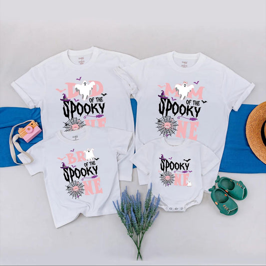 Spooky One Halloween Birthday Matching Family Shirts Ghost Witch Hat Bats Spiderweb Pink White Baby Romper First Birthday Girl Gift