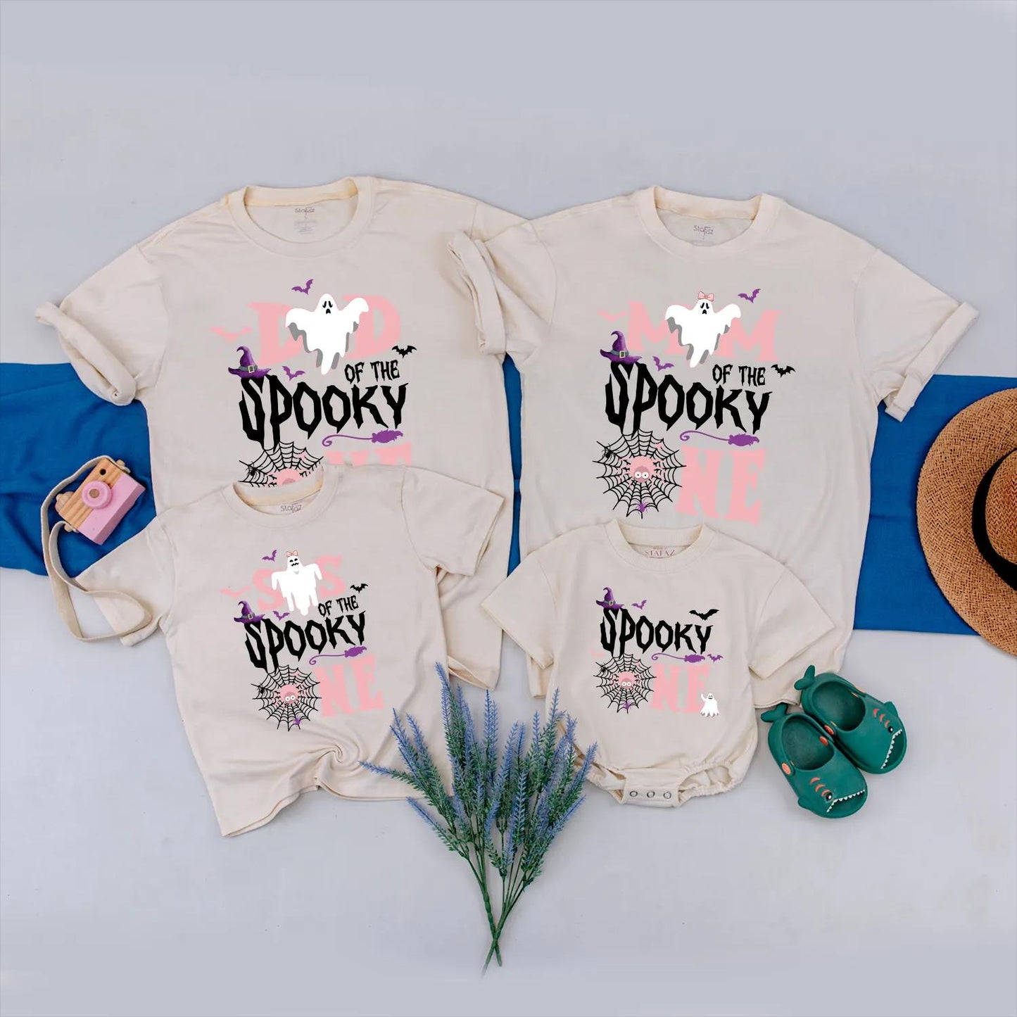 Spooky One Halloween Birthday Matching Family Shirts Ghost Witch Hat Bats Spiderweb Pink White Baby Romper First Birthday Girl Gift