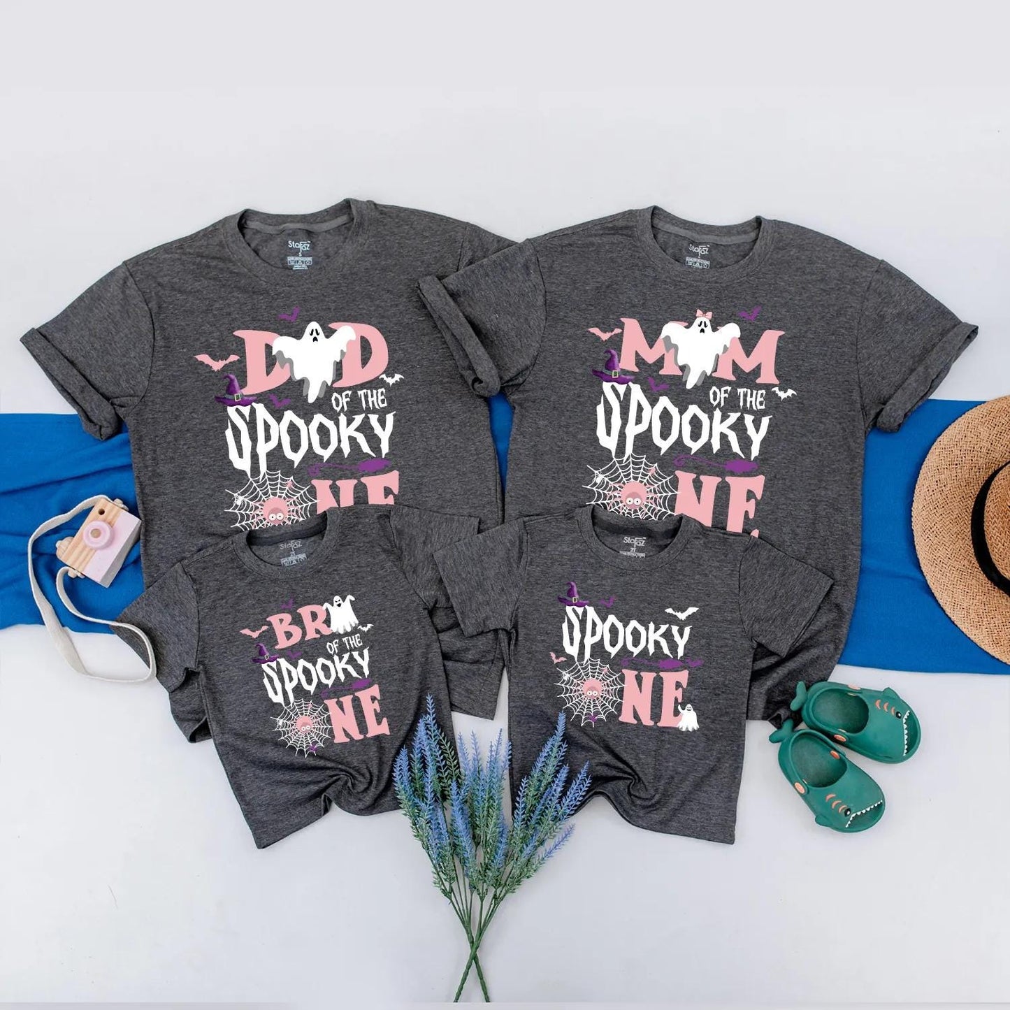 Spooky One Halloween Birthday Matching Family Shirts Ghost Witch Hat Bats Spiderweb Pink White Baby Romper First Birthday Girl Gift